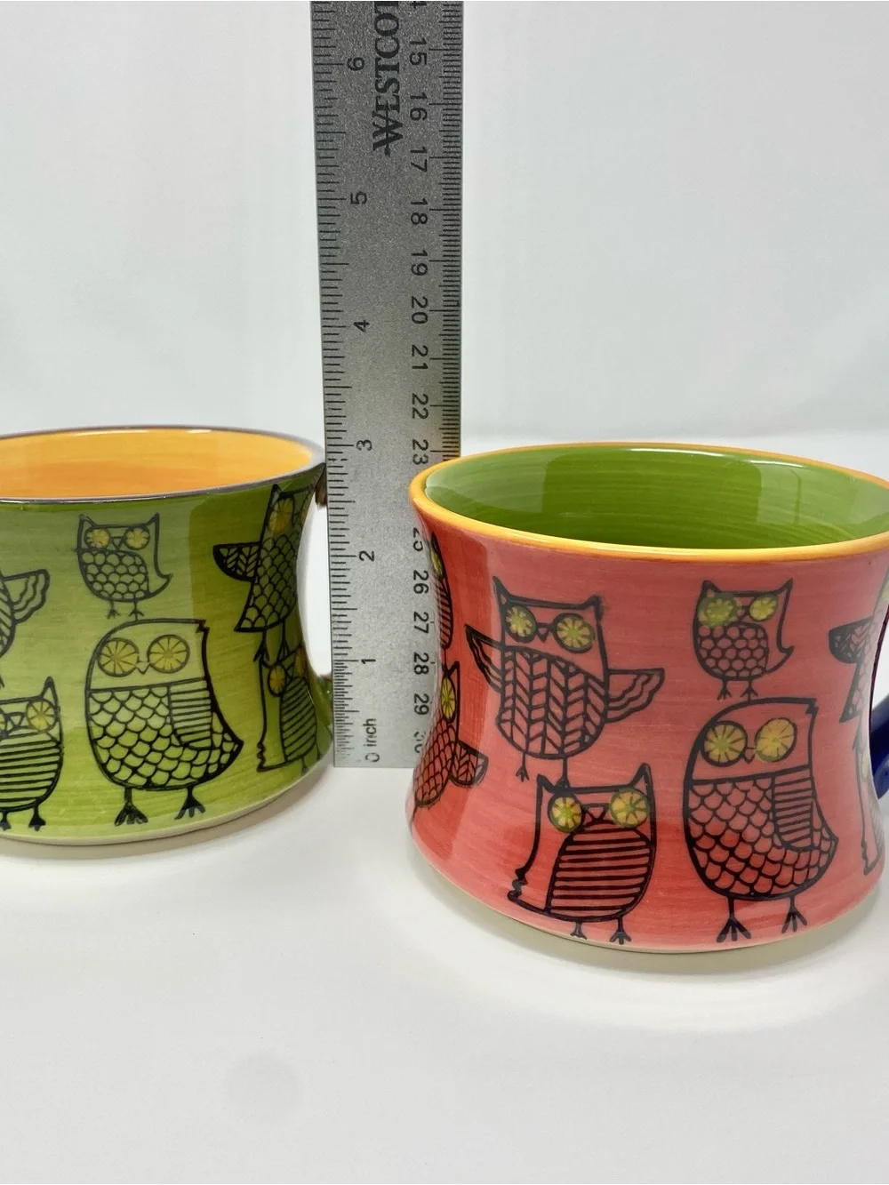 Set of 2 Beautiful colorful owl decorated Pier 1 Hand painted Stoneware mugs10oz